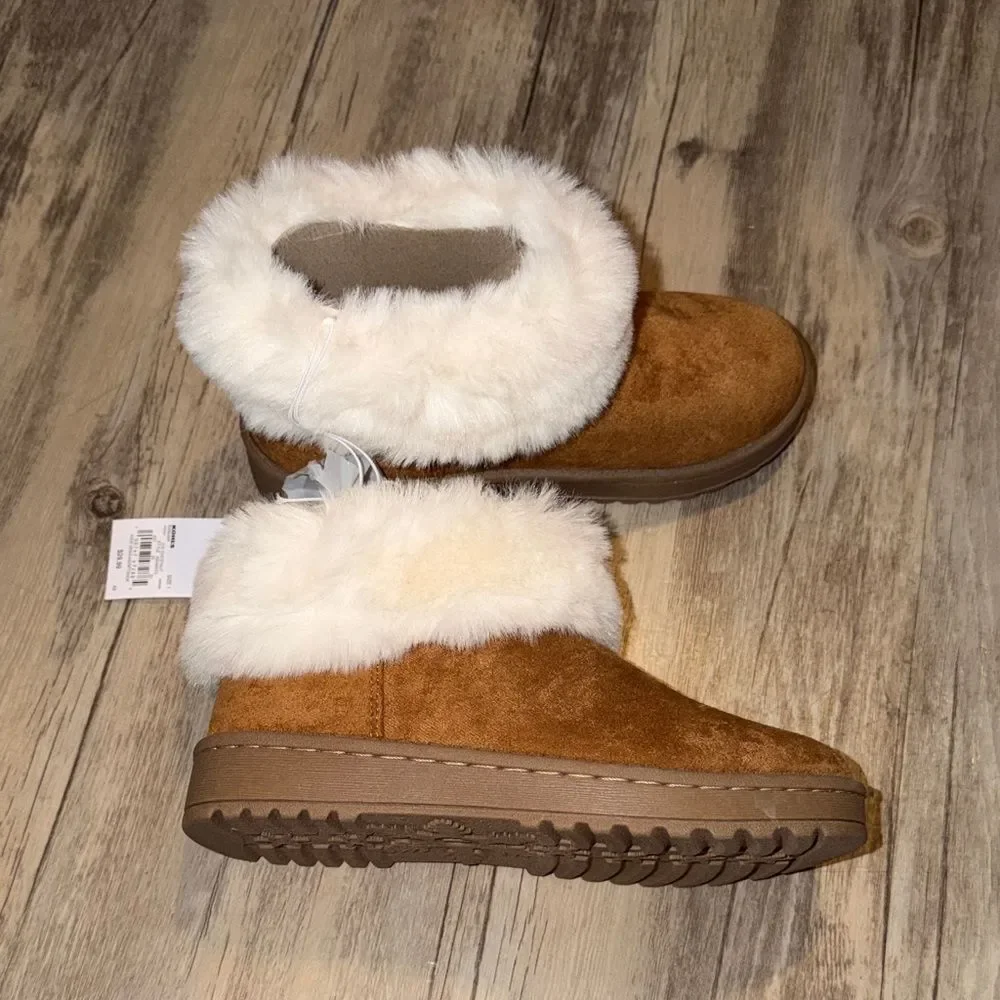 Sonoma Girls Tan Suede-Look Slip-On Boots with Cream Faux Fur Cuff
